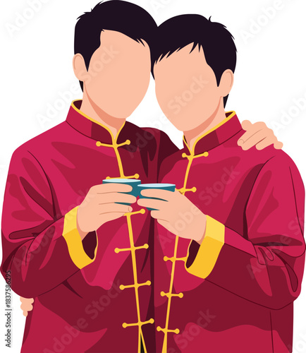Two men celebrating in chinese outfits, shared tea ceremony. Suitable for celebrating cultural events and friendship themed concepts.