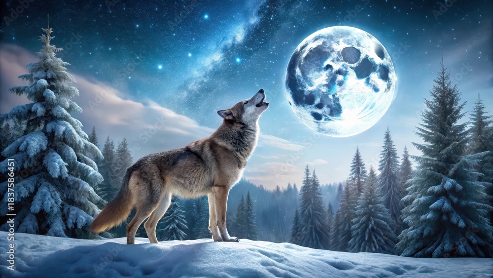 Obraz premium A majestic Eurasian wolf howls at a full moon under the stars in the vast, snowcovered forest of Eastern Europe