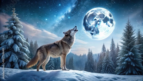 A majestic Eurasian wolf howls at a full moon under the stars in the vast, snowcovered forest of Eastern Europe