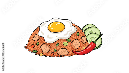 Delicious traditional breakfast plate with fried egg rice and fresh vegetables nasi goreng indonesian food