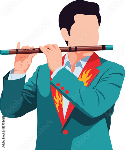 Faceless man in a suit plays a flute gracefully. Suitable for music events, advertisements, and artistic concepts. Elegant and expressive performance.