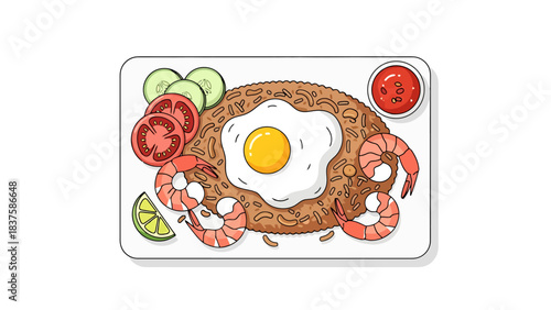 Delicious Seafood Breakfast Plate with Fried Egg Shrimp and Fresh Vegetables nasi goreng indonesian food