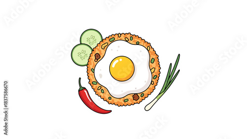 Delicious Breakfast with Fried Egg Fresh Vegetables and Herbs on a White Background nasi goreng indonesian food