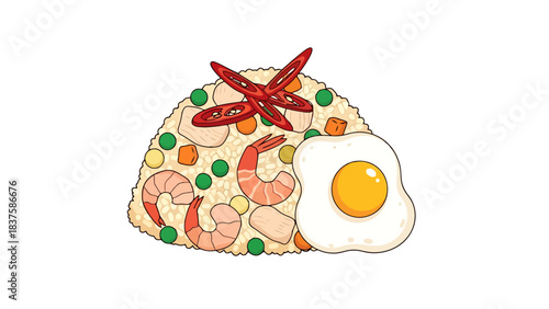 Colorful Chicken and Rice Dish with Fried Egg and Vegetables