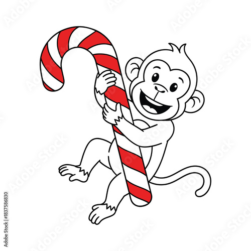 A Cute cartoon monkey holding a giant Christmas candy cane vector illustration