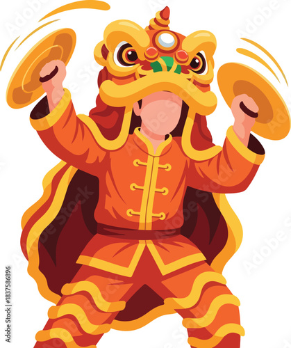 Person in lion costume playing cymbals during chinese new year festivities. Suitable for holiday, cultural, celebration, traditional, music concepts.