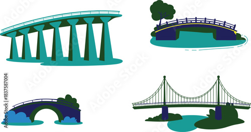 Cartoon bridge types including suspension, stone arch, pedestrian, and elevated styles, scenic vector illustration set for architecture, travel, nature, and design themes