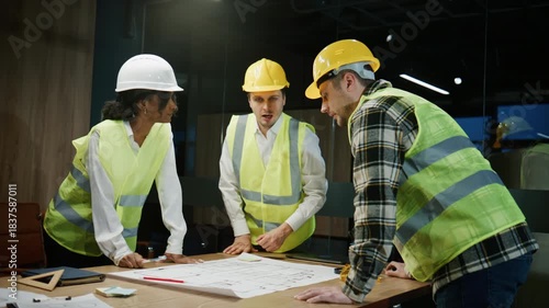 Discussion between multiracial architects and engineers over blueprints in an office space with safety gear