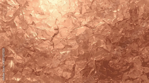Close-up of crumpled rose gold or copper foil texture with reflective surface and intricate creases and wrinkles.