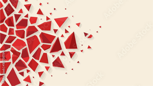 Red geometric shattered shapes on a light background, abstract modern design with dynamic fragments.