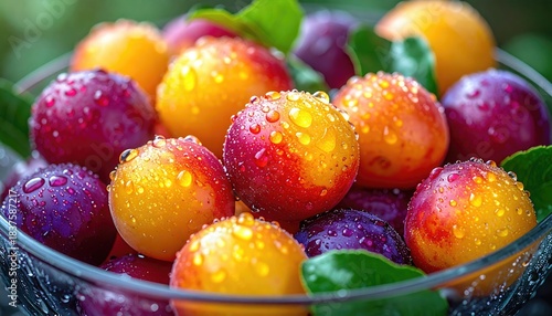 Bowl of colorful plums with water drops