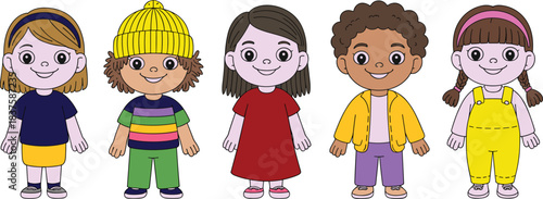 Cartoon children in diverse outfits and hairstyles, standing side by side, colorful character vector set for education, fashion, diversity, and playful design
