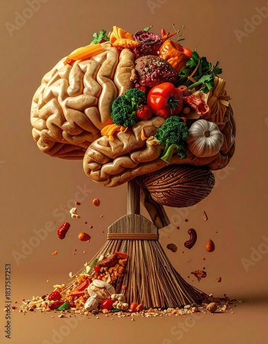 Veggie-filled brain atop broom