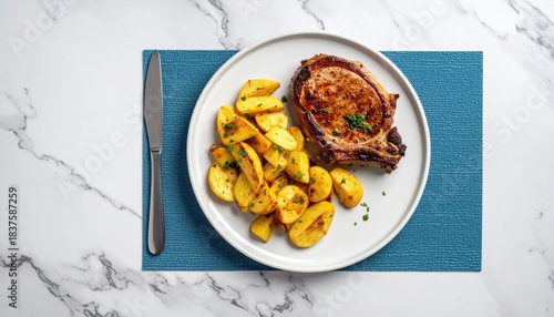 Pork chop with potatoes on blue mat