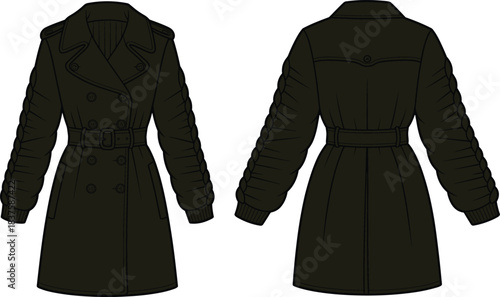 Black trench coat front and back view, double-breasted design, wide lapel collar, belted waist, epaulets, buttoned cuffs, fashion illustration, garment sketch, clothing vector