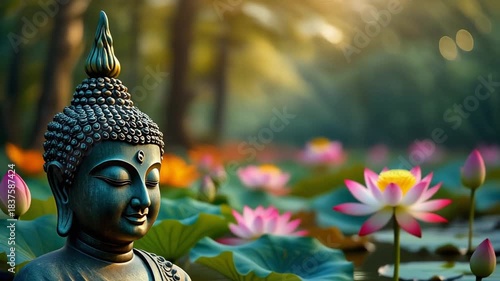  Buddha Head and lotus flowers on the background of nature's bokeh.
