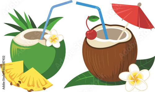 Tropical coconut drink illustration set, cartoon beach cocktail clipart, summer refreshment artwork, fruit garnish design, vacation beverage concept, festive island elements