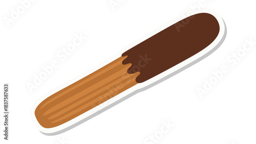 A single churro pastry with a dark chocolate dip shown against a stark black background with a white border outline detail