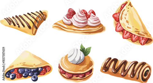 Cartoon crepes and pastries set, fruit-filled desserts, whipped cream toppings, chocolate drizzle, strawberry and blueberry sweets, bakery clipart, tasty food illustration collection