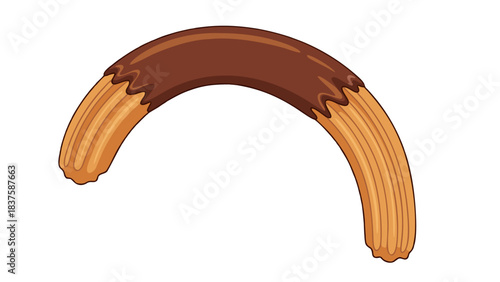 A single golden brown churro coated in melted chocolate sauce on a black background with pixelated detail representing a food item