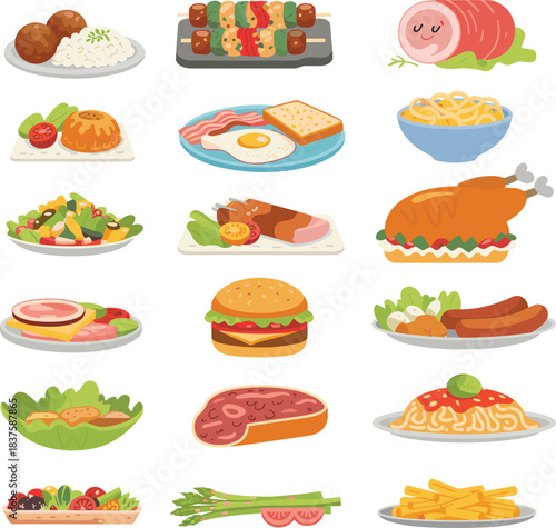 Cartoon food dish illustration set, international cuisine vector icons, colorful meal design, restaurant menu artwork, dietary planning and educational food pack