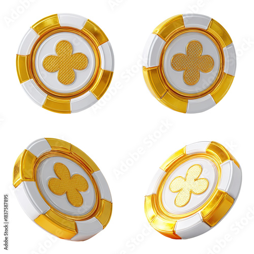 3D rendering of casino chips falling on white background.