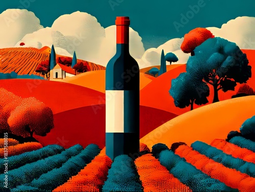 Wine Art: A striking illustration of a wine bottle centered amidst a vibrant landscape of rolling hills, vineyards and a touch of artistic flair.