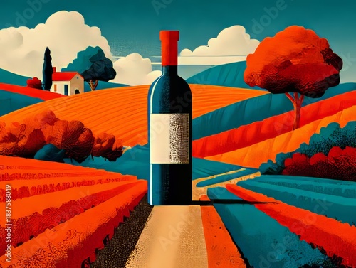 Vineyard Wine: A captivating tableau of a vineyard landscape, with rows of vibrant orange vines stretching towards the horizon.
