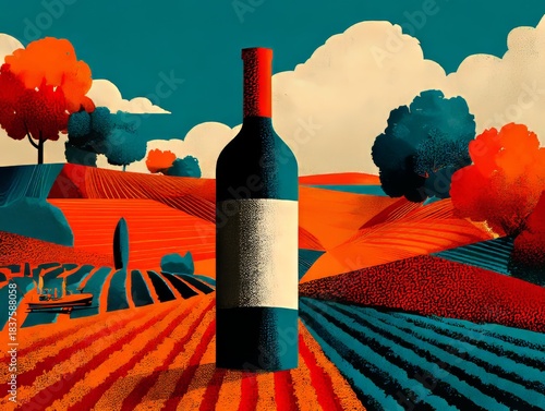 Vivid Vineyard View: An artistic rendering of a wine bottle against a vibrant vineyard landscape, painted with bold colors to evoke the essence of wine-making and the beauty of nature.