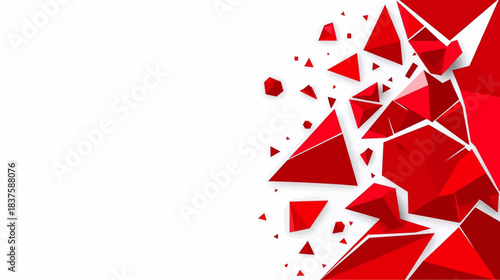 Abstract background with dynamic red geometric shapes and shattered fragments on a white backdrop.