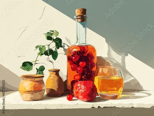 Delectable Composition: An artistic still life presents a curated collection of fresh ingredients, including a transparent bottle filled with plump cherries, and other elements.
