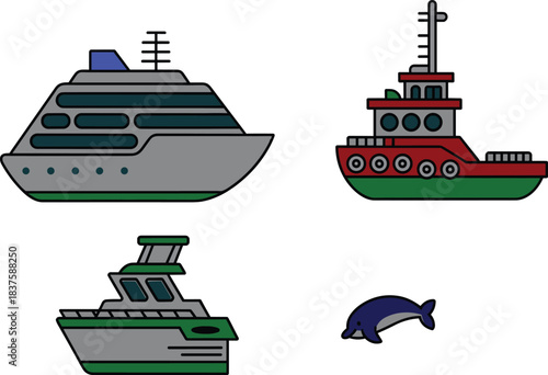 Cartoon boats and dolphin illustration, cruise ship tugboat motorboat vector set, marine transport icons, ocean life design, playful sea travel artwork