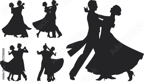 Silhouette illustrations of couples dancing ballroom dance