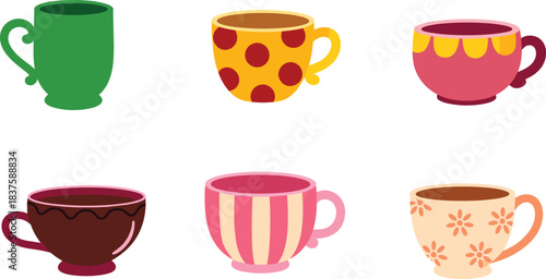 Decorative teacup cartoon illustration set, colorful tea cup vector icons, cozy drinkware design, patterned ceramic mugs, vintage kitchen decor artwork