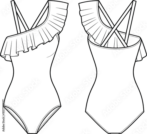 Technical flat sketch of one-piece swimsuit, asymmetrical ruffle strap crisscross back design, fashion template, garment construction drawing, apparel illustration, vector outline