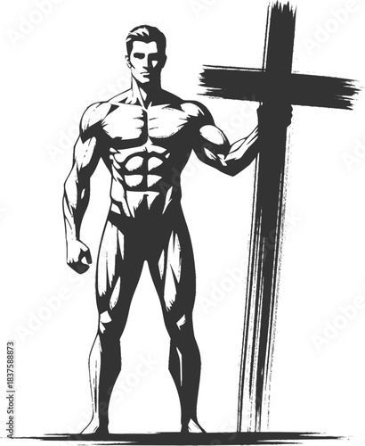 Monochrome brushstroke art of a muscular man standing with cross
