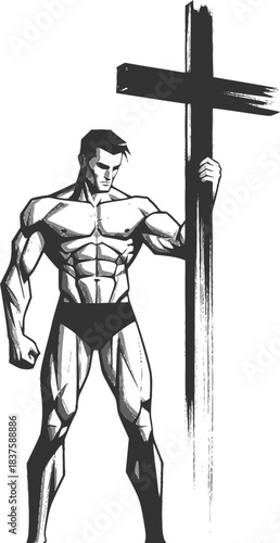 Monochrome brushstroke art of a muscular man standing with cross
