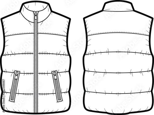 Technical flat sketch of padded vest, sleeveless high collar quilted zip pocket design, fashion template, garment construction drawing, apparel illustration, vector outline