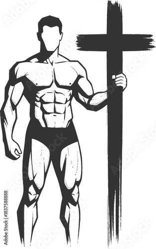 Monochrome brushstroke art of a muscular man standing with cross
