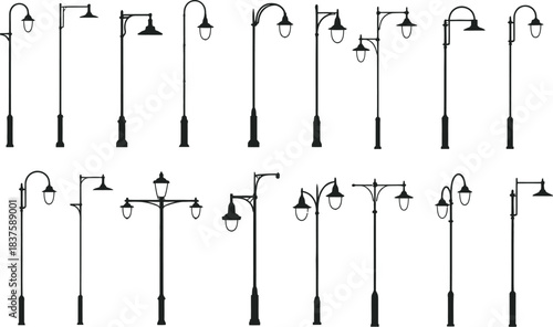 Collection of stylized black and white street lamp illustrations