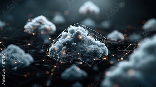 A futuristic depiction of interconnected clouds, showcasing a blend of technology and nature with glowing lines and a dark background.
