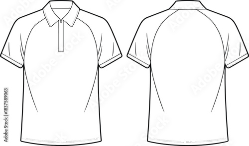 Technical flat sketch of polo shirt, raglan sleeve collar design, fashion template, garment construction drawing, apparel illustration, vector outline, button placket details