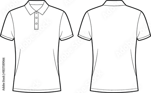 Technical flat sketch of polo shirt, short sleeve collar button placket cuff detail design, fashion template, garment construction drawing, apparel illustration, vector outline