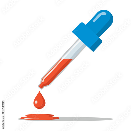 Medical dropper releasing a red liquid drop, flat vector illustration
