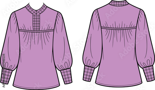 Front and back view of purple blouse with plaid collar, placket, and cuffs, gathered yoke, puff sleeves, fashion sketch, garment design vector illustration