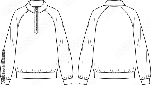 Technical flat sketch of raglan pullover, partial zip stand collar design, fashion template, garment construction drawing, apparel illustration, vector outline, elastic hem