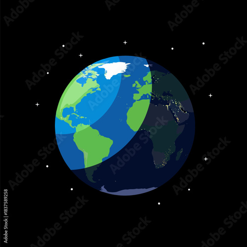 Planet Earth with day and night hemispheres and city lights from space