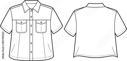Technical flat sketch of short sleeve shirt, flap pocket vertical seam design, fashion template, garment construction drawing, apparel illustration, vector outline