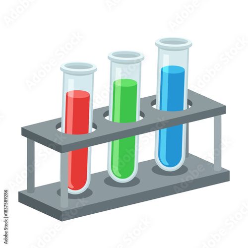 Colorful Test Tubes with Liquids in Lab Rack Flat Vector Illustration