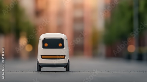 Fototapeta Naklejka Na Ścianę i Meble -  A small, friendly-looking autonomous delivery robot stands on a city street with a blurred background.